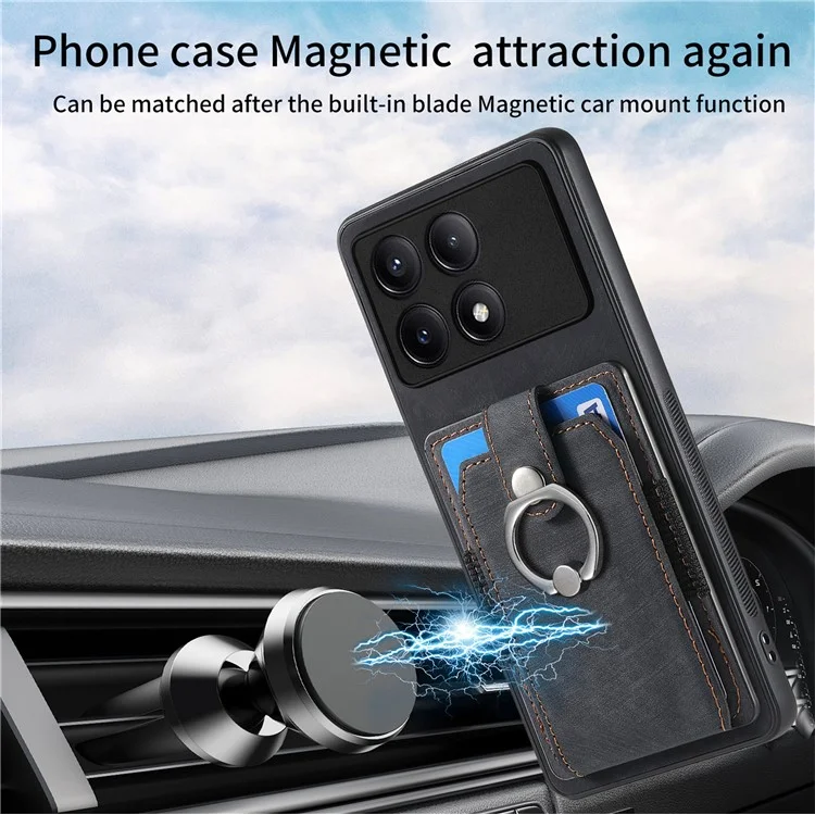D2 For Xiaomi Poco F6 Pro 5G Retro Case Ring Holder Kickstand Leather+TPU Non-Slip Protective Cover Card Slots - Black