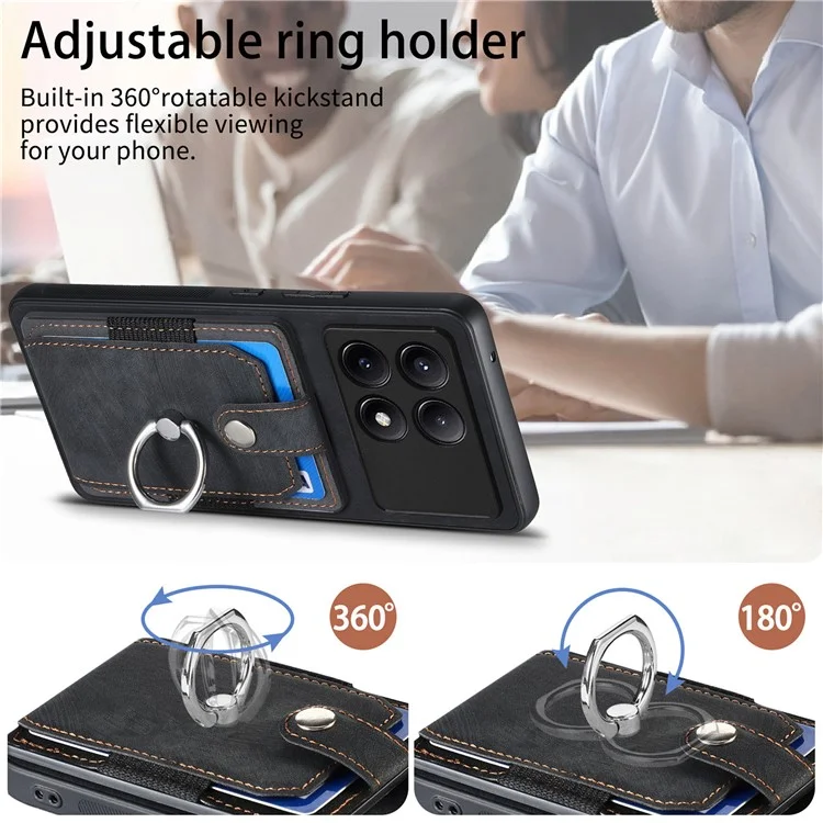 D2 For Xiaomi Poco F6 Pro 5G Retro Case Ring Holder Kickstand Leather+TPU Non-Slip Protective Cover Card Slots - Black