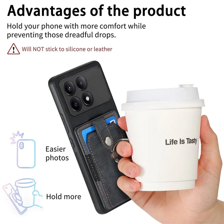 D2 For Xiaomi Poco F6 Pro 5G Retro Case Ring Holder Kickstand Leather+TPU Non-Slip Protective Cover Card Slots - Black