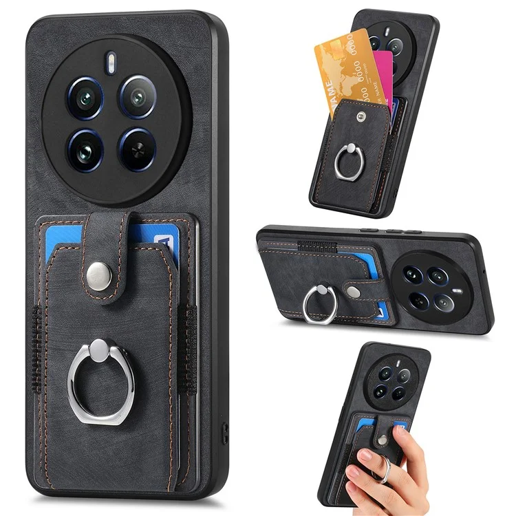 D2 Для Realme 12 4G Retro Case Держатель Кольца Кожа Kickstand Leather+TPU не Скользит. - Черный