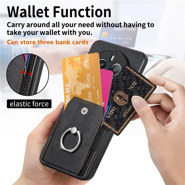 D2 Для Realme 12 4G Retro Case Держатель Кольца Кожа Kickstand Leather+TPU не Скользит. - Черный