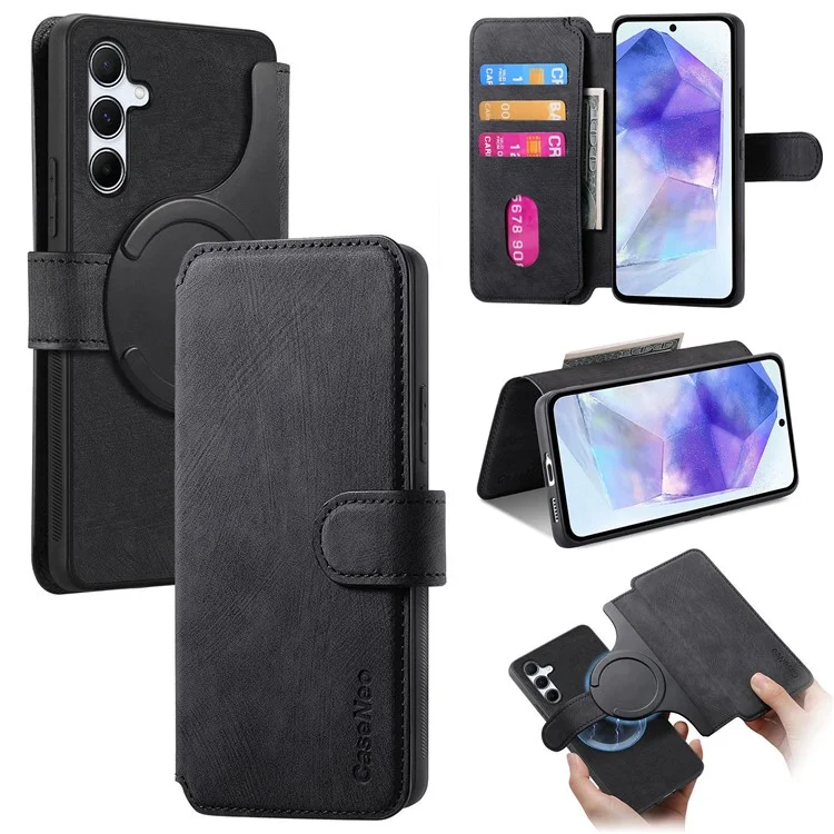 CASENEO MW-03 Pour Samsung Galaxy A35 5G Étui Portefeuille Support Amovible 2-en-1 Couverture de Téléphone en Cuir - Noir