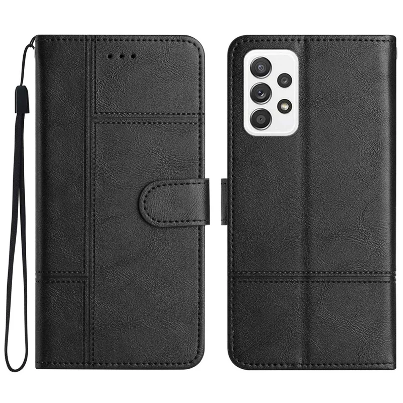 For Samsung Galaxy A72 4G / 5G Shockproof Case Business PU Leather Folio Flip Cover Lines Imprinted Stand Wallet Phone Case with Strap - Black