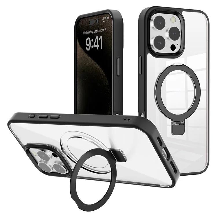 For iPhone 16 Pro Case Magnetic Ring Kickstand TPU+PC Clear Phone Cover - Black