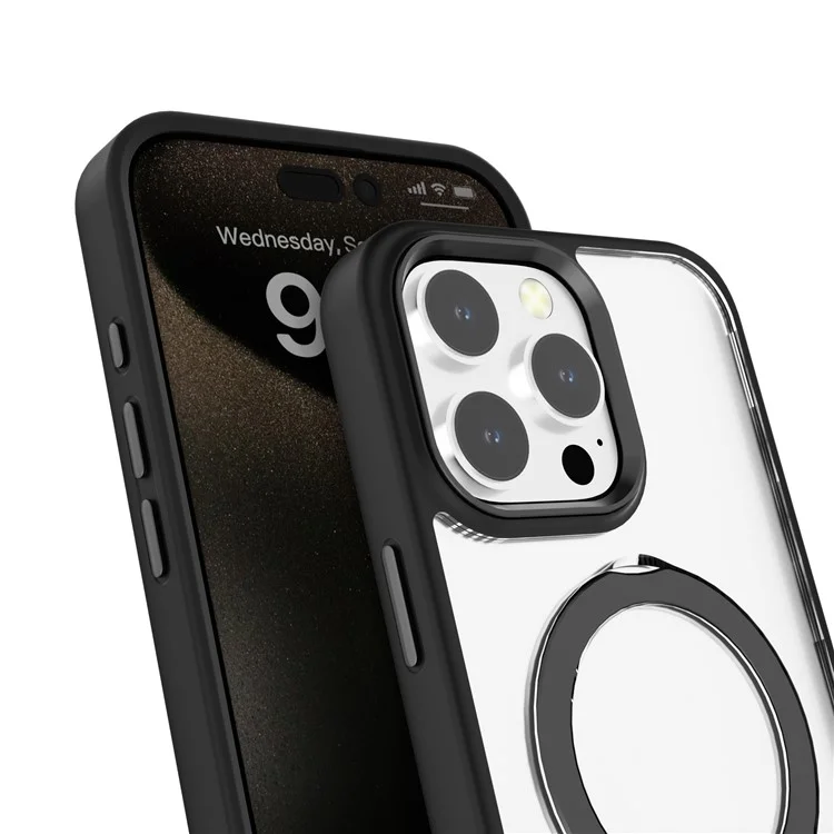 For iPhone 16 Pro Case Magnetic Ring Kickstand TPU+PC Clear Phone Cover - Black