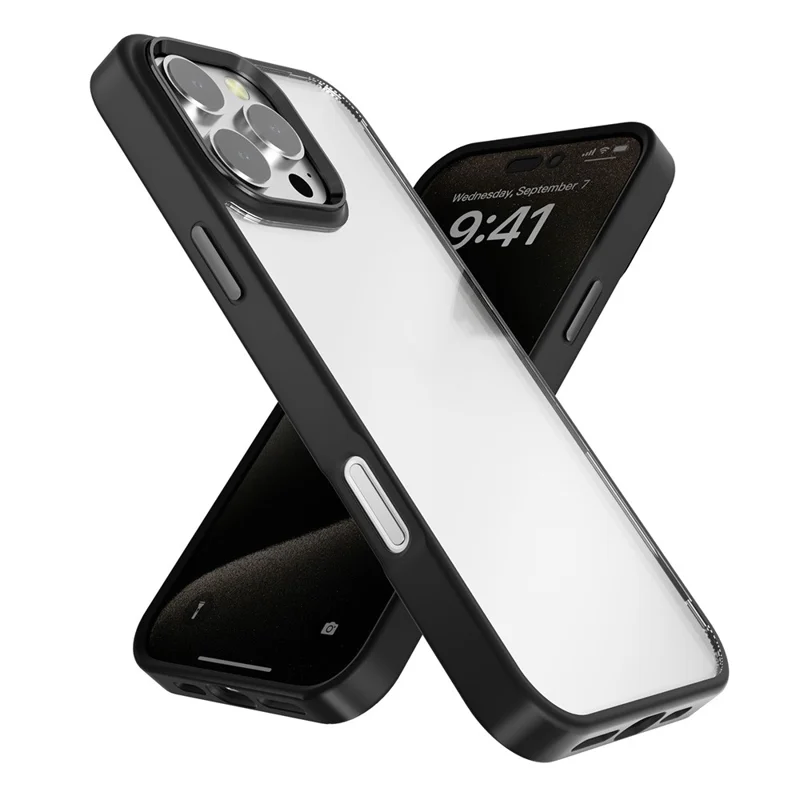 Para Iphone 16 Pro Max Clear Telephone Case TPU+ PC Teléfono Atrás Con Botón de Metal - Negro