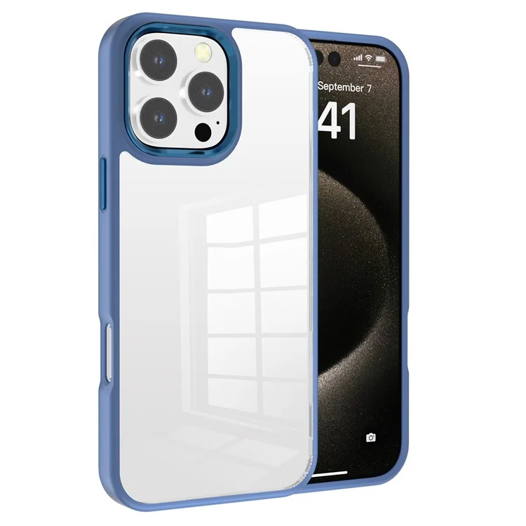 Para Iphone 16 Pro Clear Phone Case TPU+ PC Topa de Volta Taplo Com Botão de Metal - Azul