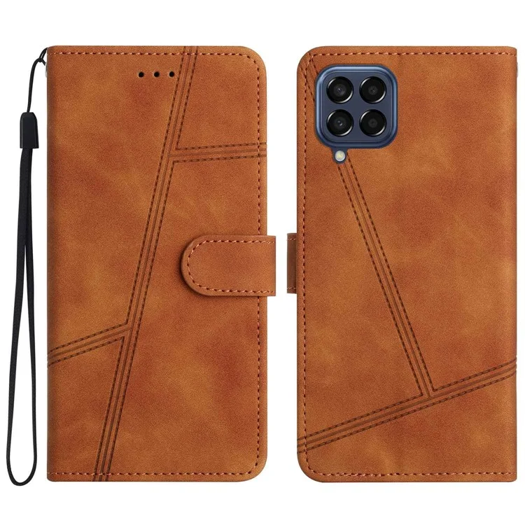 For Samsung Galaxy M53 5G Phone Case, Skin-touch Feeling Lines Imprinted Vintage PU Leather Magnetic Flip Cover with Wallet Stand - Brown