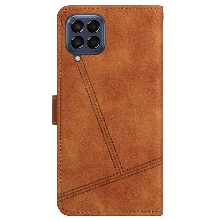 For Samsung Galaxy M53 5G Phone Case, Skin-touch Feeling Lines Imprinted Vintage PU Leather Magnetic Flip Cover with Wallet Stand - Brown