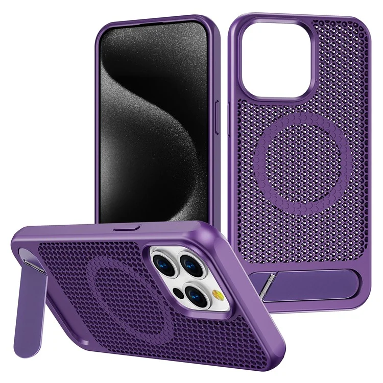 Per iPhone 15 Pro Max Case Hollow Heat Dissipation Back Cover Kickstand Compatible with MagSafe - Viola Scuro