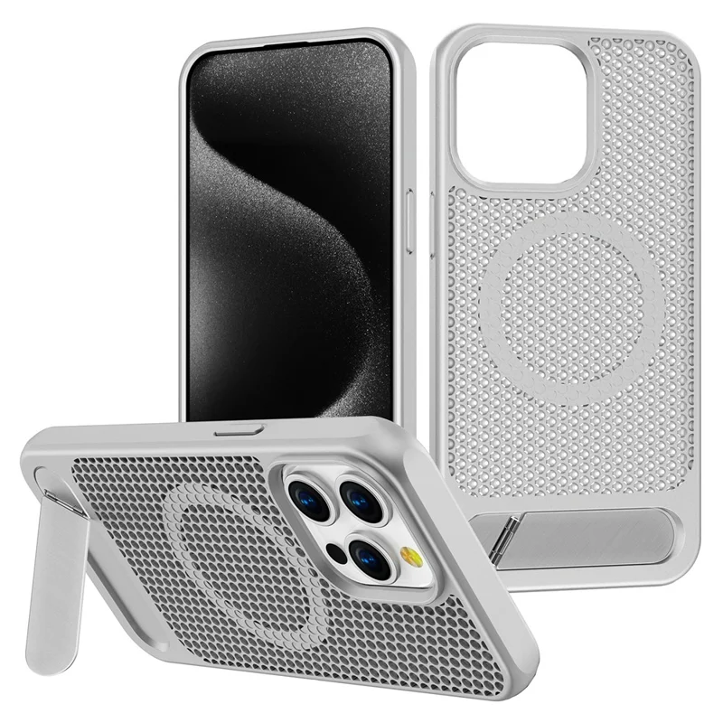For iPhone 14 Pro Case Hollow Heat Dissipation Back Cover Kickstand Compatible with MagSafe - Silver