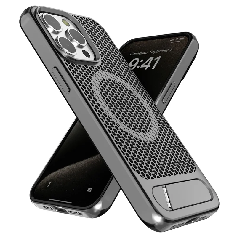 For iPhone 14 Pro Case Hollow Heat Dissipation Back Cover Kickstand Compatible with MagSafe - Silver