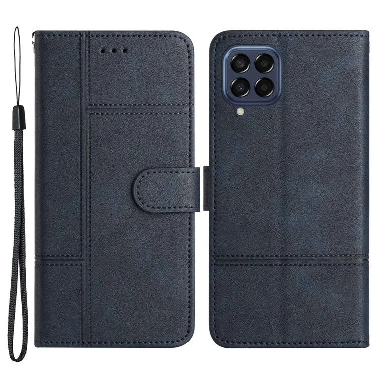 For Samsung Galaxy M53 5G Cowhide Texture PU Leather Business Case Lines Imprinted Wallet Sand Feature Flip Cover with Strap - Blue