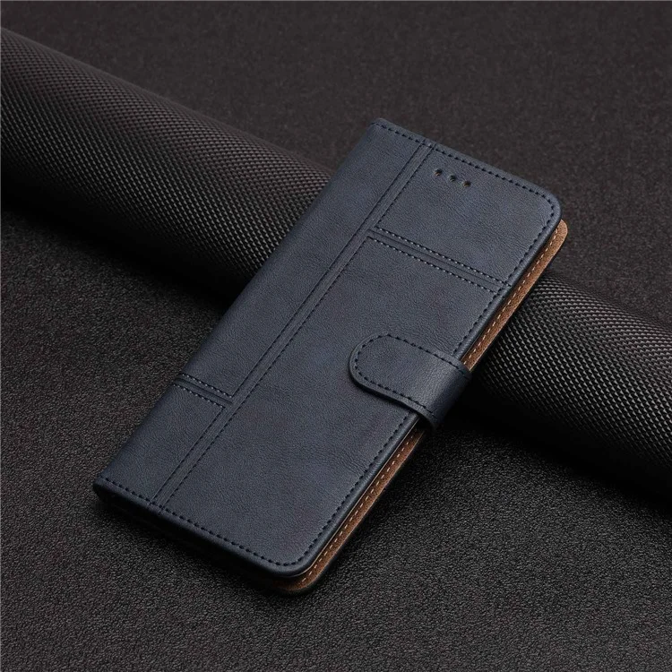 For Samsung Galaxy M53 5G Cowhide Texture PU Leather Business Case Lines Imprinted Wallet Sand Feature Flip Cover with Strap - Blue