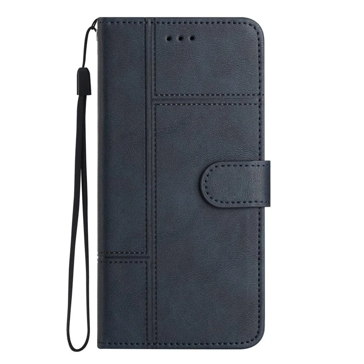 For Samsung Galaxy M53 5G Cowhide Texture PU Leather Business Case Lines Imprinted Wallet Sand Feature Flip Cover with Strap - Blue
