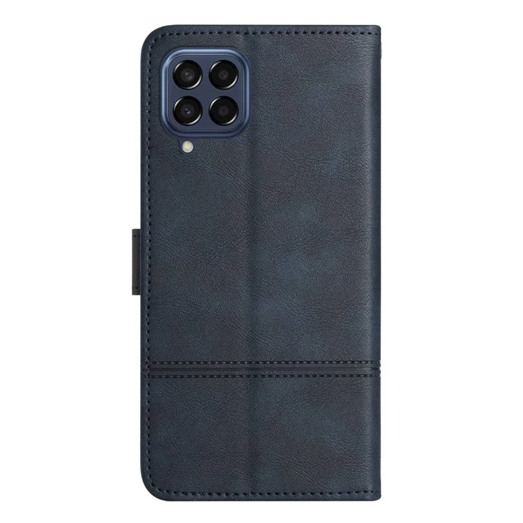 For Samsung Galaxy M53 5G Cowhide Texture PU Leather Business Case Lines Imprinted Wallet Sand Feature Flip Cover with Strap - Blue