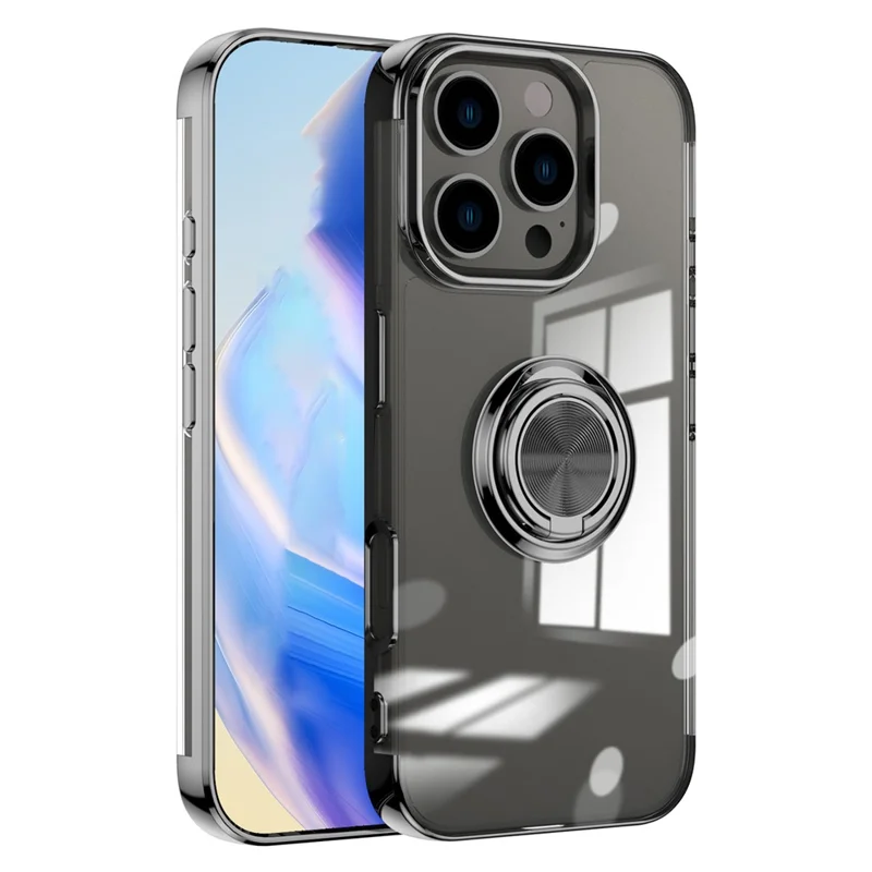 For iPhone 16 Pro Case Electroplating Kickstand TPU Phone Cover Magnetic Car Mount - Black