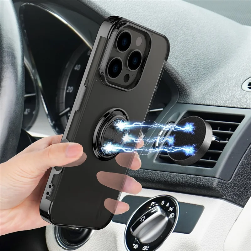 For iPhone 16 Pro Case Electroplating Kickstand TPU Phone Cover Magnetic Car Mount - Black