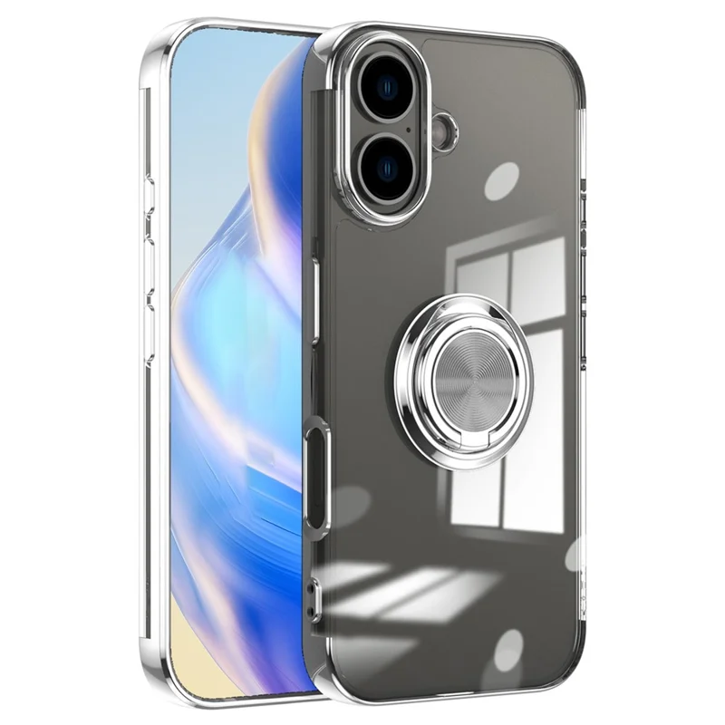 Per iPhone 16 Plus Case Electroplating Kickstand TPU Phone Cover Magnetic Car Mount - Argento
