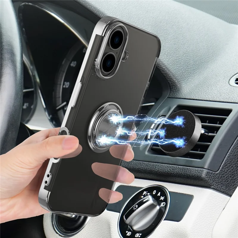 Per iPhone 16 Plus Case Electroplating Kickstand TPU Phone Cover Magnetic Car Mount - Argento