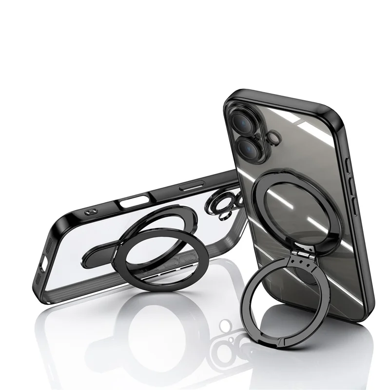 For iPhone 16 Plus Magnetic Case Electroplating Kickstand TPU Phone Cover - Black