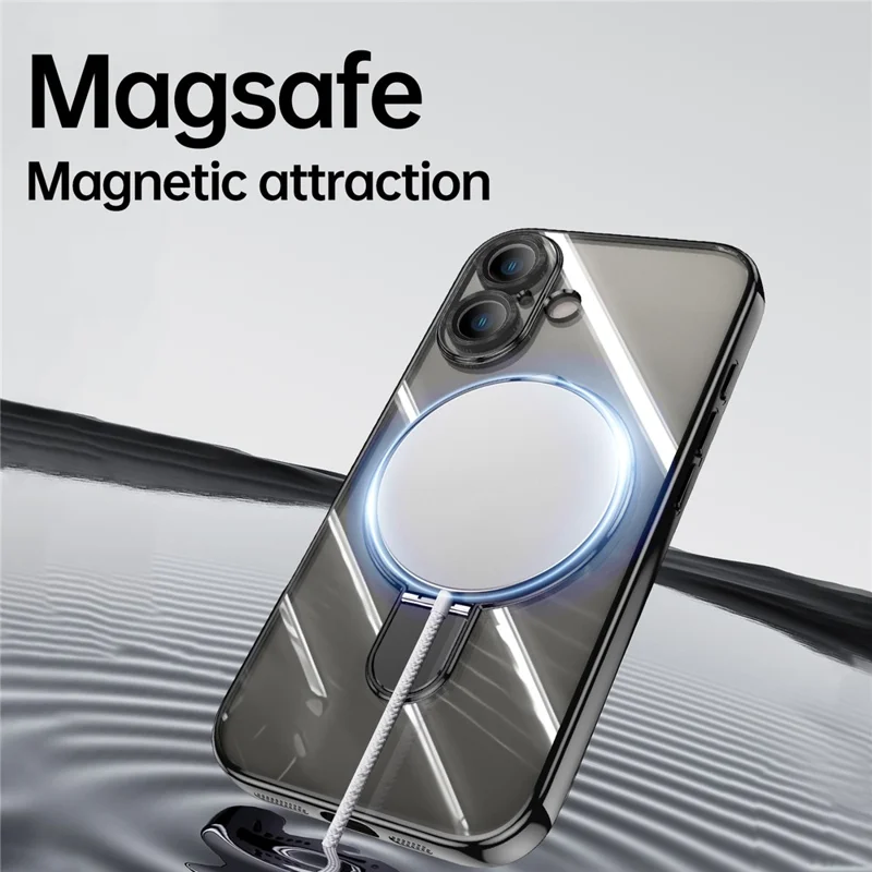 For iPhone 16 Plus Magnetic Case Electroplating Kickstand TPU Phone Cover - Black