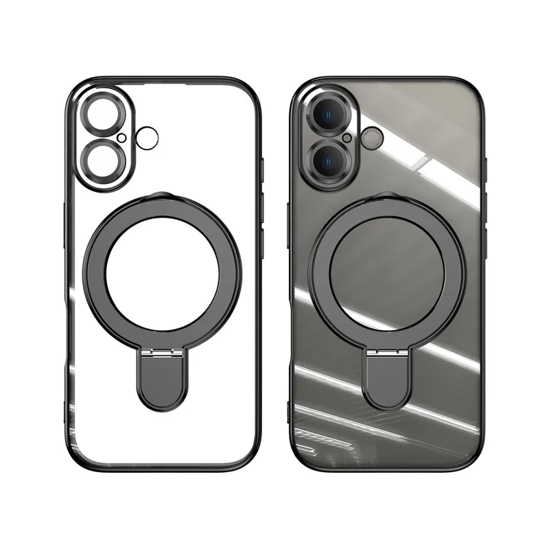 For iPhone 16 Plus Magnetic Case Electroplating Kickstand TPU Phone Cover - Black