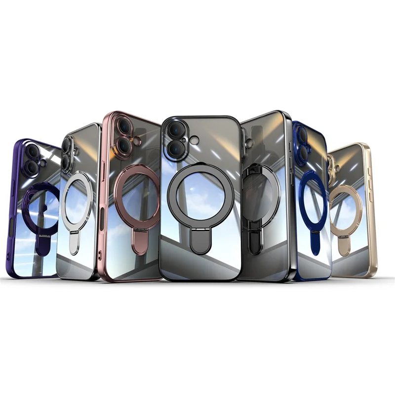 For iPhone 16 Plus Magnetic Case Electroplating Kickstand TPU Phone Cover - Black