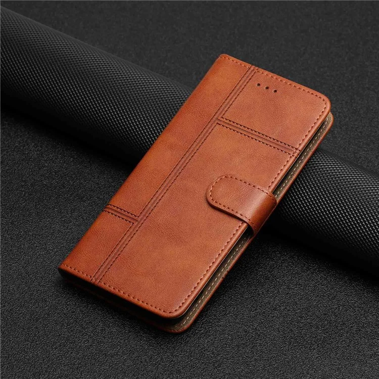 For Samsung Galaxy M33 5G (Global Version) PU Leather Magnetic Wallet Phone Case Business Style Lines Imprinted Sand Flip Cover with Strap - Brown