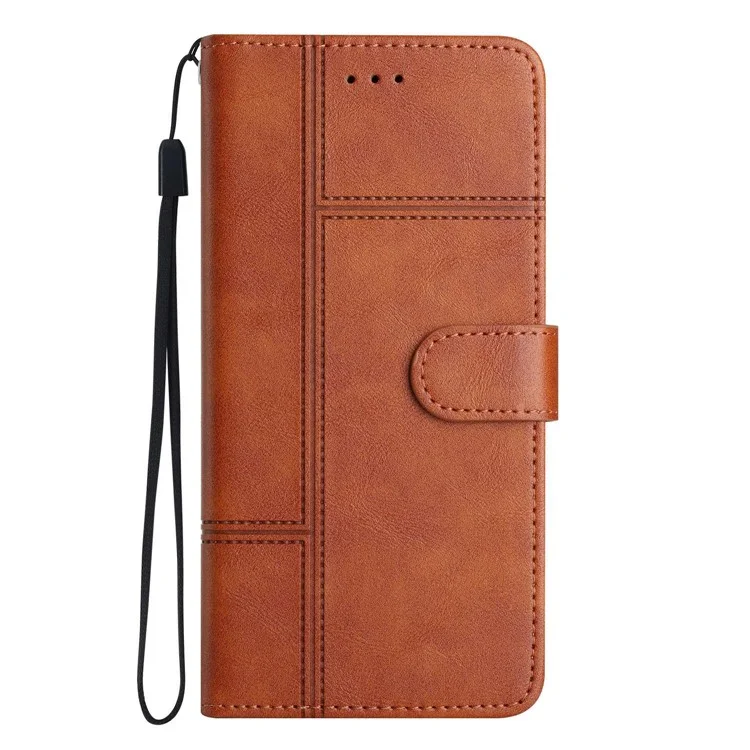 For Samsung Galaxy M33 5G (Global Version) PU Leather Magnetic Wallet Phone Case Business Style Lines Imprinted Sand Flip Cover with Strap - Brown
