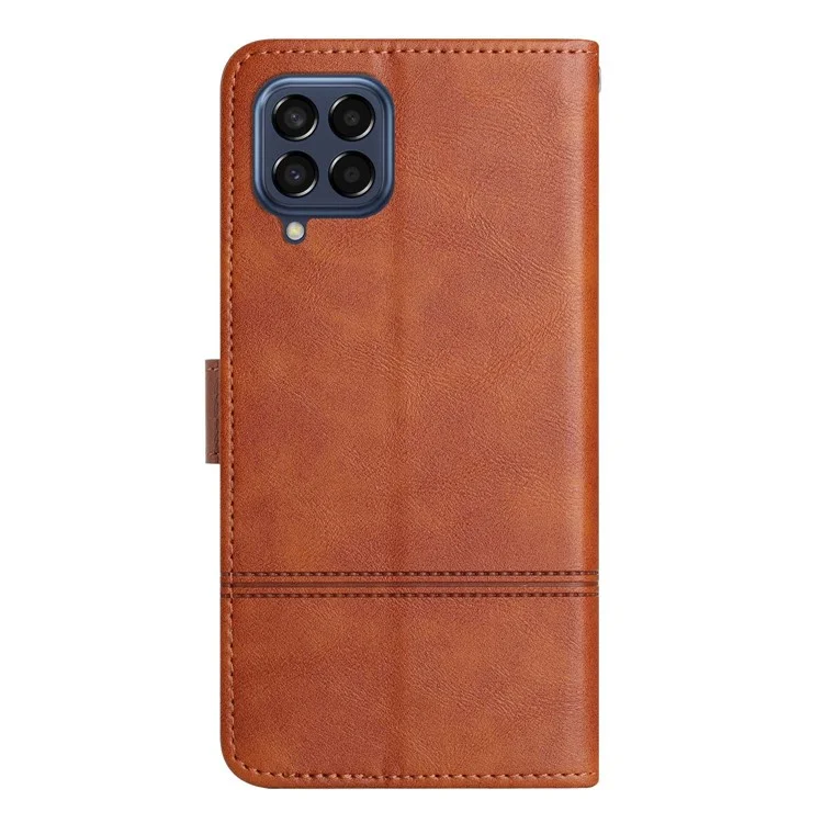 For Samsung Galaxy M33 5G (Global Version) PU Leather Magnetic Wallet Phone Case Business Style Lines Imprinted Sand Flip Cover with Strap - Brown