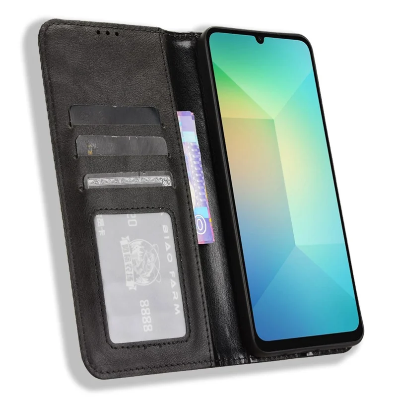 Funda de cuero para Samsung Galaxy A06, cartera, soporte, textura retro, funda para teléfono - negro