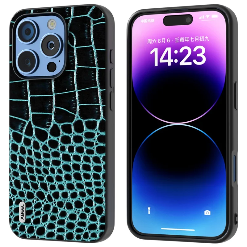 ABEEL For iPhone 16 Pro Max Case Genuine Cow Leather Back Phone Cover Crocodile Texture - Midnight Green