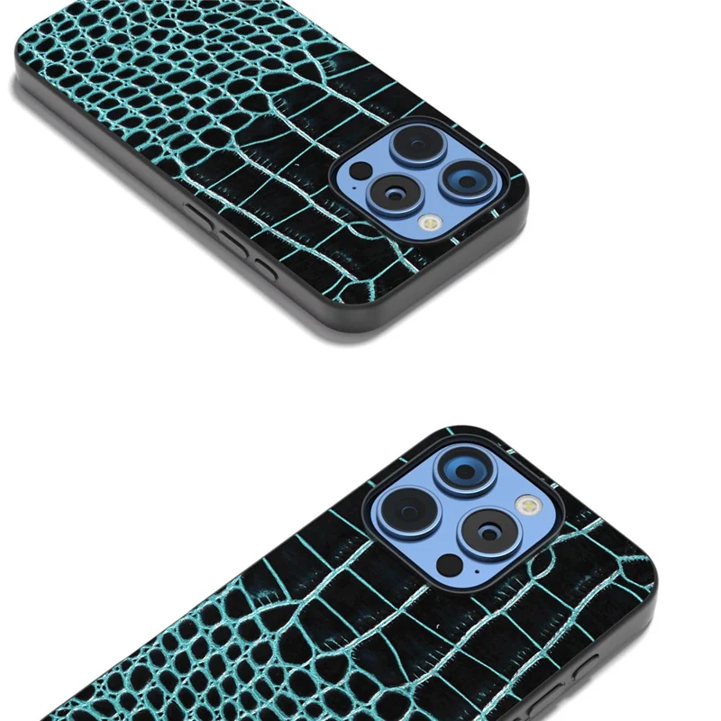 ABEEL For iPhone 16 Pro Max Case Genuine Cow Leather Back Phone Cover Crocodile Texture - Midnight Green