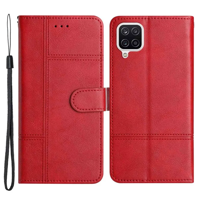 Pour Samsung Galaxy A22 4G (Version UE) Business Style Wallet Case Lines Imprinted PU Leather Folding Stand Magnetic Closure Protective Cover with Strap - Rouge