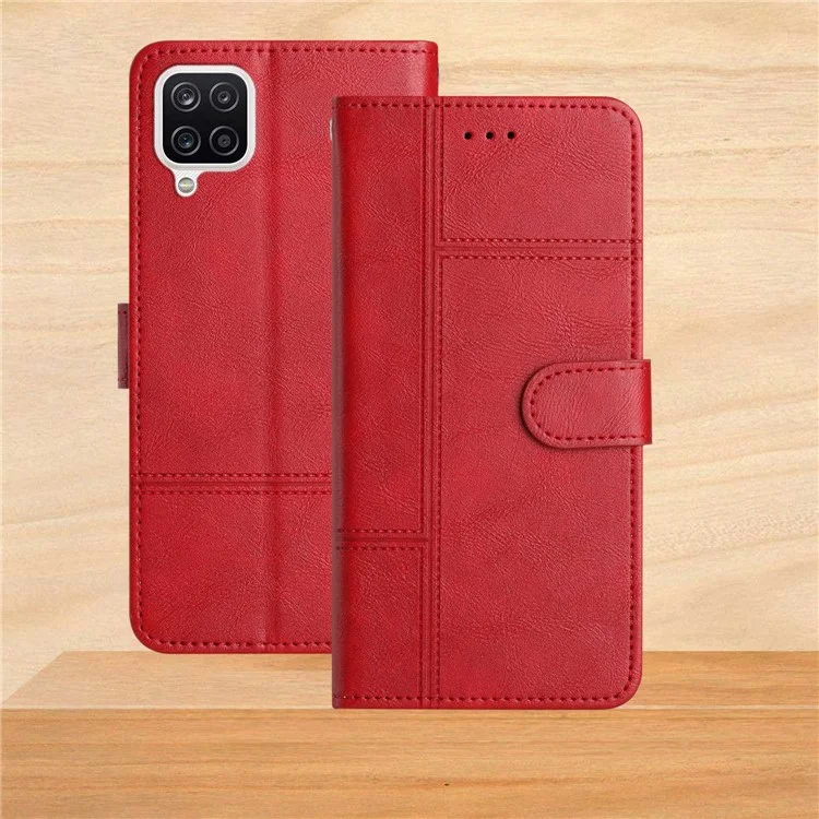 Pour Samsung Galaxy A22 4G (Version UE) Business Style Wallet Case Lines Imprinted PU Leather Folding Stand Magnetic Closure Protective Cover with Strap - Rouge