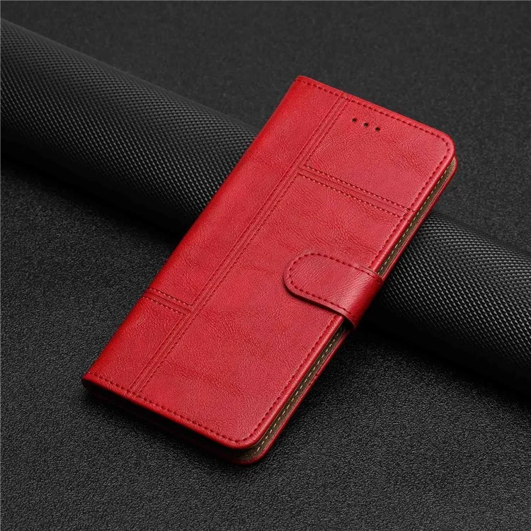 Pour Samsung Galaxy A22 4G (Version UE) Business Style Wallet Case Lines Imprinted PU Leather Folding Stand Magnetic Closure Protective Cover with Strap - Rouge