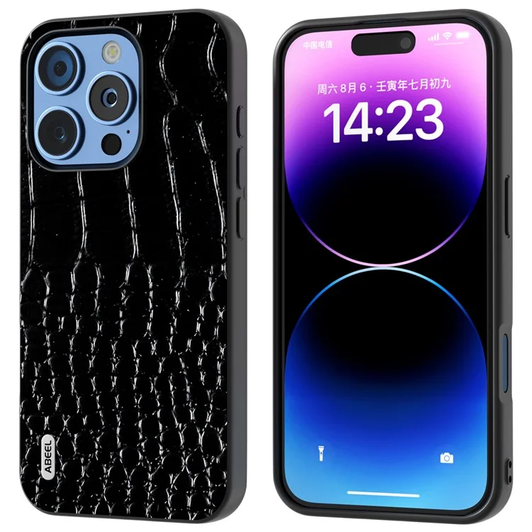ABEEL For iPhone 16 Pro Case Genuine Cow Leather Back Phone Cover Crocodile Texture - Schwarz
