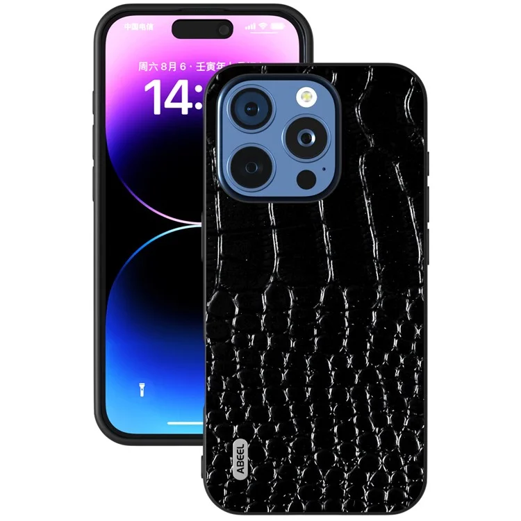 ABEEL For iPhone 16 Pro Case Genuine Cow Leather Back Phone Cover Crocodile Texture - Schwarz