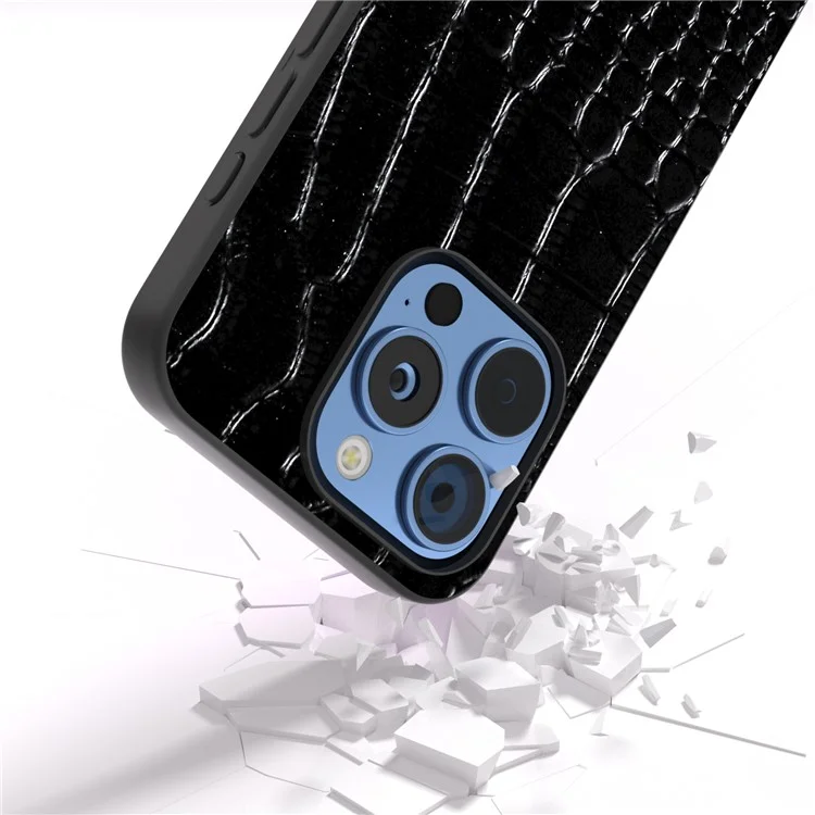 ABEEL For iPhone 16 Pro Case Genuine Cow Leather Back Phone Cover Crocodile Texture - Schwarz