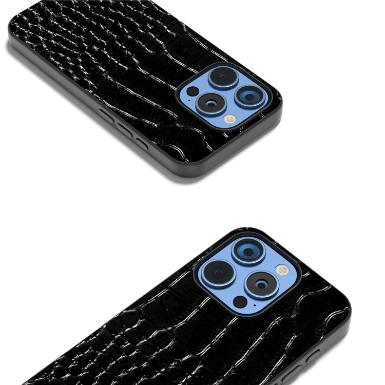 ABEEL For iPhone 16 Pro Case Genuine Cow Leather Back Phone Cover Crocodile Texture - Schwarz