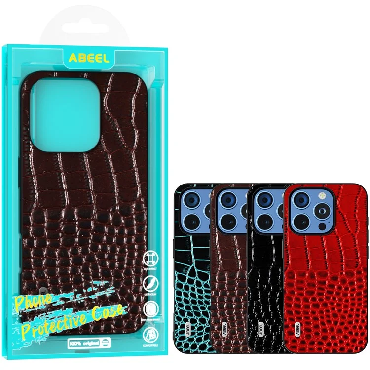 ABEEL For iPhone 16 Pro Case Genuine Cow Leather Back Phone Cover Crocodile Texture - Schwarz