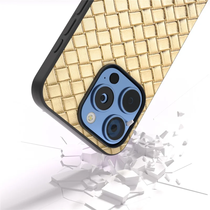 Voor iPhone 16 Pro hoesje Geweven textuur PU leer gecoat PC+TPU mobiele telefoonhoes - Goud