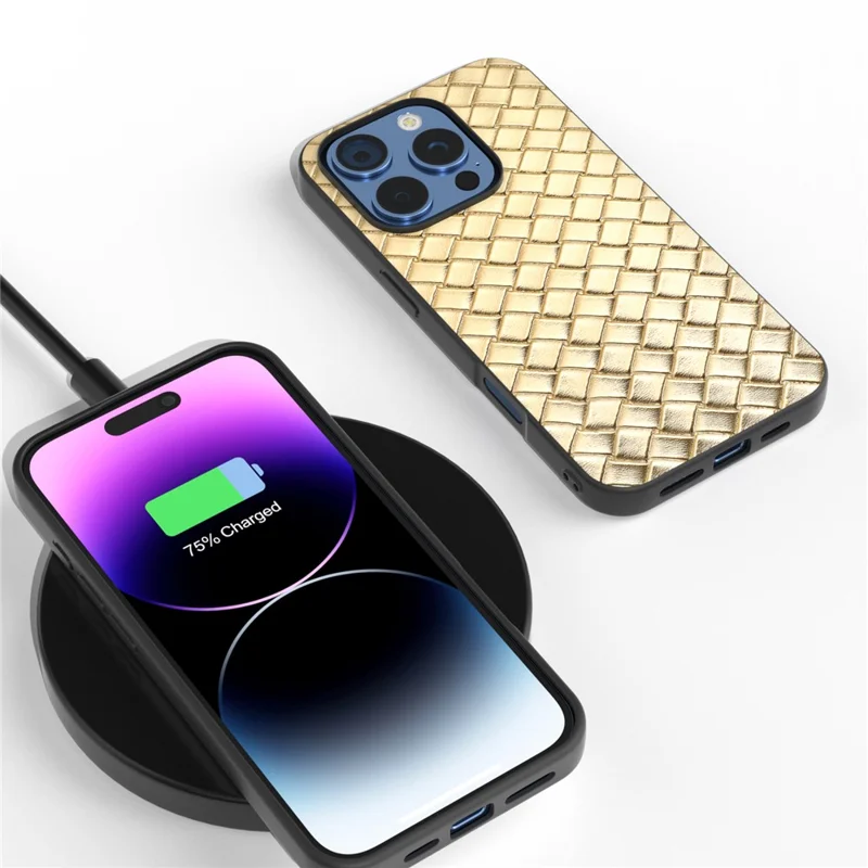 Voor iPhone 16 Pro hoesje Geweven textuur PU leer gecoat PC+TPU mobiele telefoonhoes - Goud