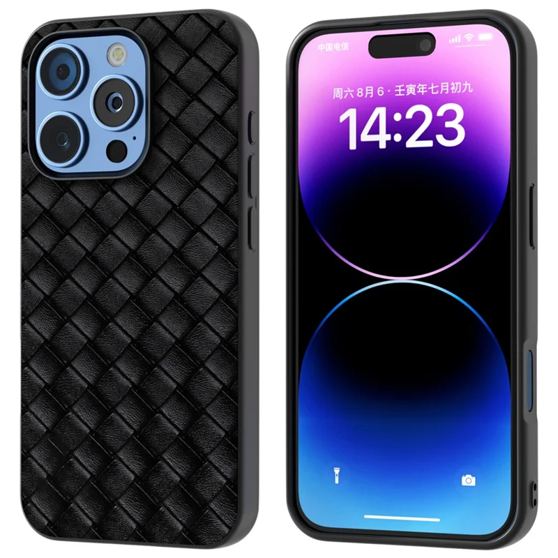 For iPhone 16 Pro Case Woven Texture PU Leather Coated PC+TPU Mobile Phone Cover - Black