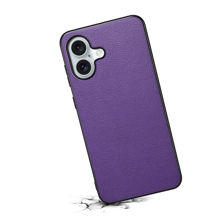 For iPhone 16 Case Leather Coated PC+TPU Anti-Scratch Phone Cover - Purple
