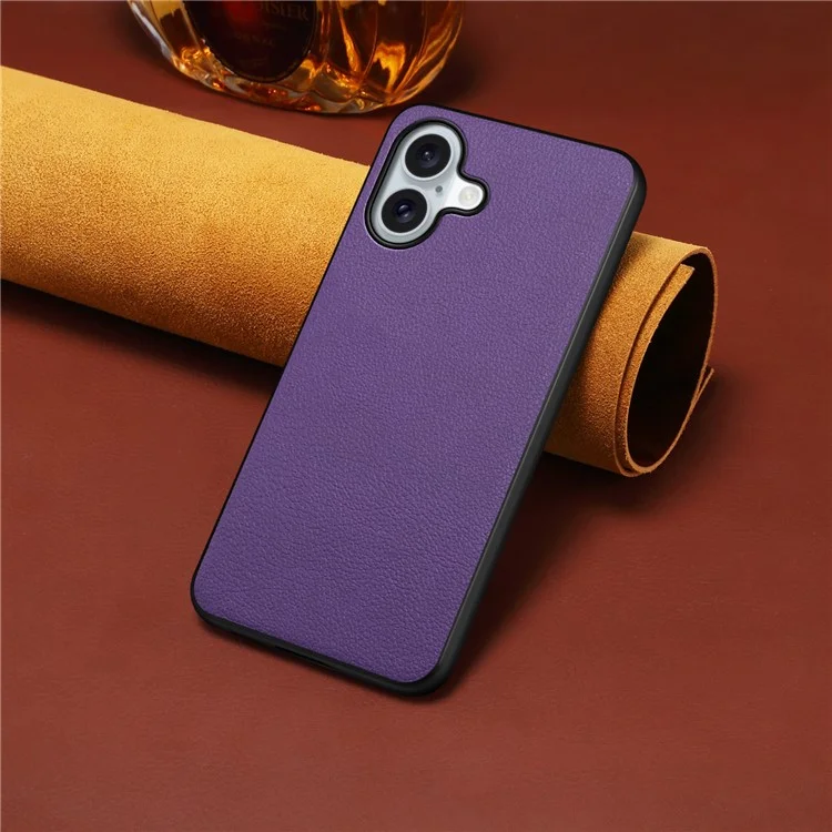 For iPhone 16 Case Leather Coated PC+TPU Anti-Scratch Phone Cover - Purple