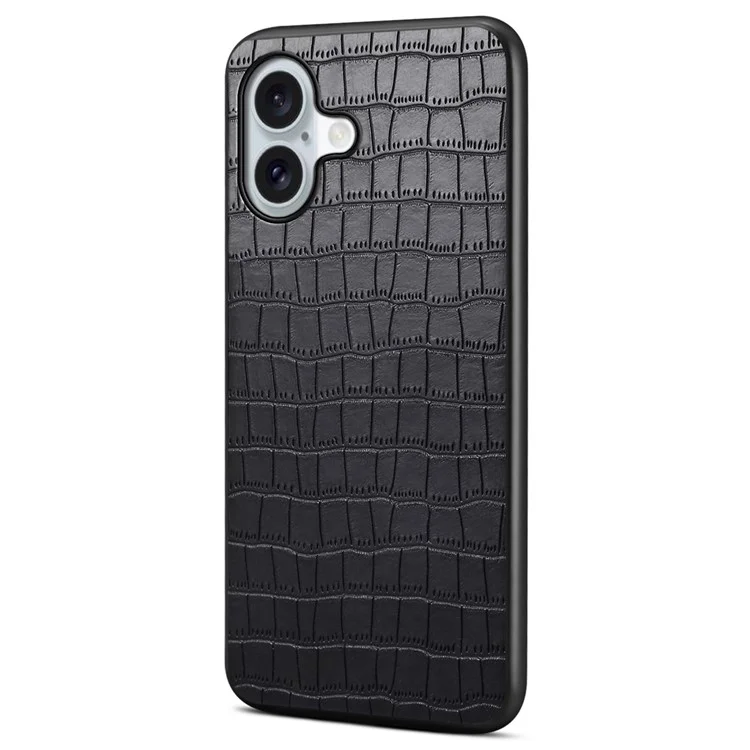 Für iPhone 16 Case Crocodile Texture Leather Coated PC+TPU Phone Cover - Schwarz