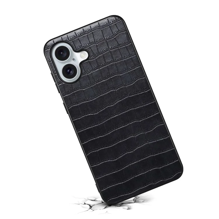 Für iPhone 16 Case Crocodile Texture Leather Coated PC+TPU Phone Cover - Schwarz