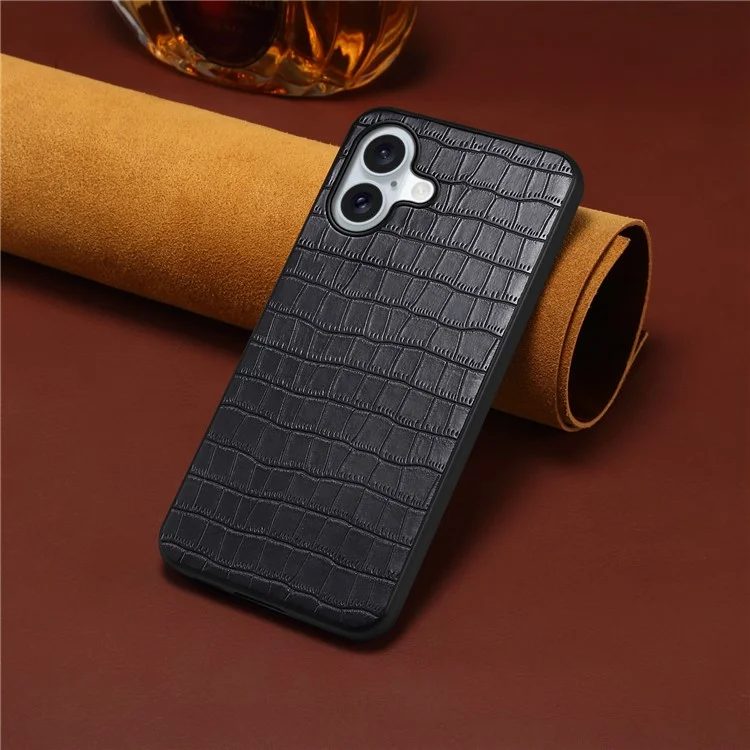 Für iPhone 16 Case Crocodile Texture Leather Coated PC+TPU Phone Cover - Schwarz